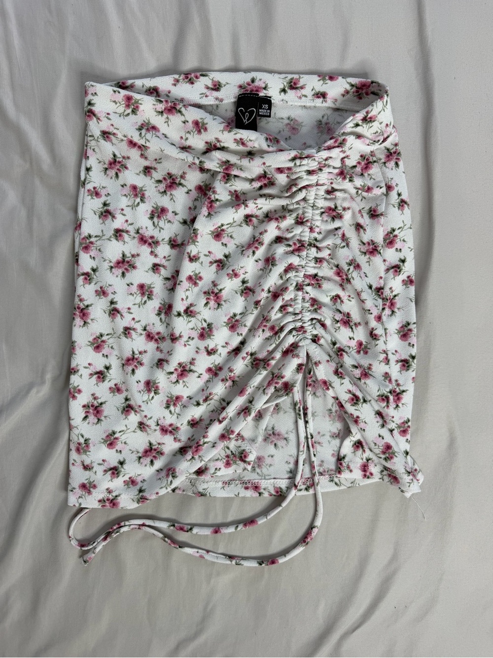 Windsor White Mini Skirt with Pink Floral Ruched Front